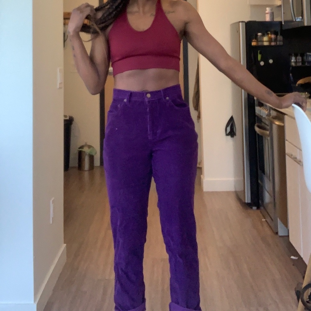 High waisted purple corduroy pants.